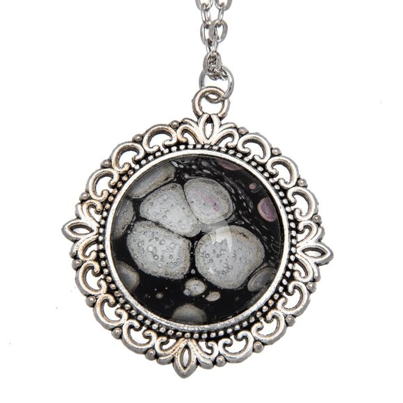 Handmade Abstract Pendant Necklace – Silver & Black in Silver Filigree Frame - Picture 1 of 1